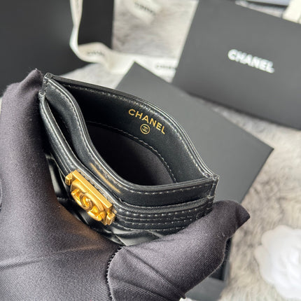 LEBOY CARD HOLDER 11 IN BLACK GRAINED CALFSKIN GOLD-TONE HARDWARE