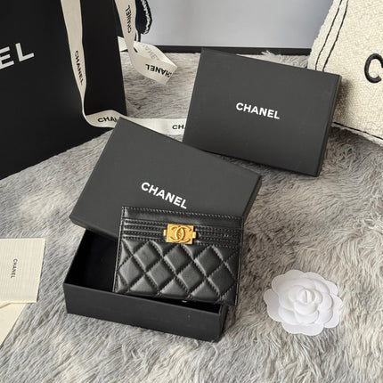 LEBOY CARD HOLDER 11 IN BLACK GRAINED CALFSKIN GOLD-TONE HARDWARE