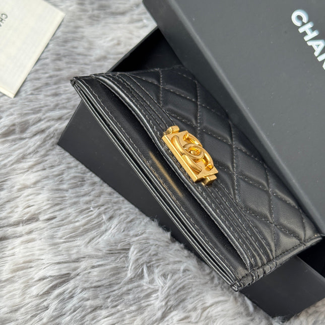 LEBOY CARD HOLDER 11 IN BLACK GRAINED CALFSKIN GOLD-TONE HARDWARE