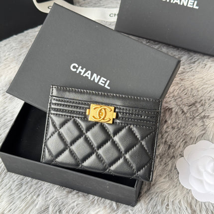 LEBOY CARD HOLDER 11 IN BLACK GRAINED CALFSKIN GOLD-TONE HARDWARE