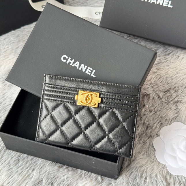 LEBOY CARD HOLDER 11 IN BLACK GRAINED CALFSKIN GOLD-TONE HARDWARE