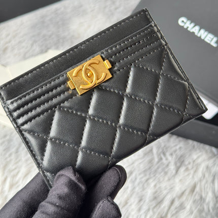 LEBOY CARD HOLDER 11 IN BLACK GRAINED CALFSKIN GOLD-TONE HARDWARE