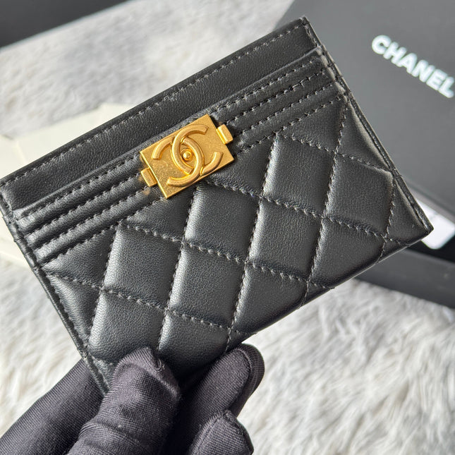LEBOY CARD HOLDER 11 IN BLACK GRAINED CALFSKIN GOLD-TONE HARDWARE