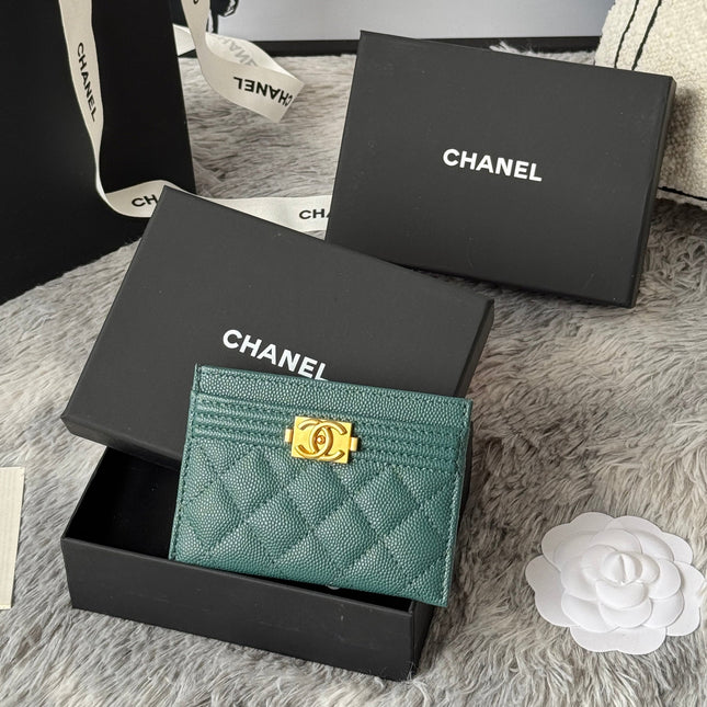 LEBOY CARD HOLDER 11 IN SHADOW GREEN GRAINED CALFSKIN GOLD-TONE HARDWARE