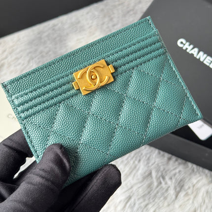 LEBOY CARD HOLDER 11 IN SHADOW GREEN GRAINED CALFSKIN GOLD-TONE HARDWARE