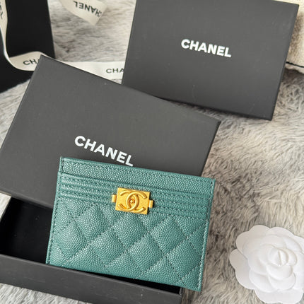 LEBOY CARD HOLDER 11 IN SHADOW GREEN GRAINED CALFSKIN GOLD-TONE HARDWARE