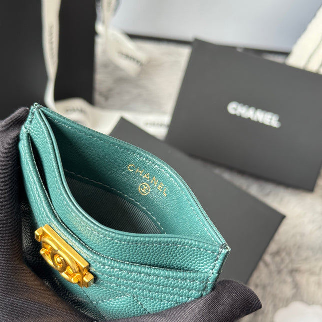 LEBOY CARD HOLDER 11 IN SHADOW GREEN GRAINED CALFSKIN GOLD-TONE HARDWARE