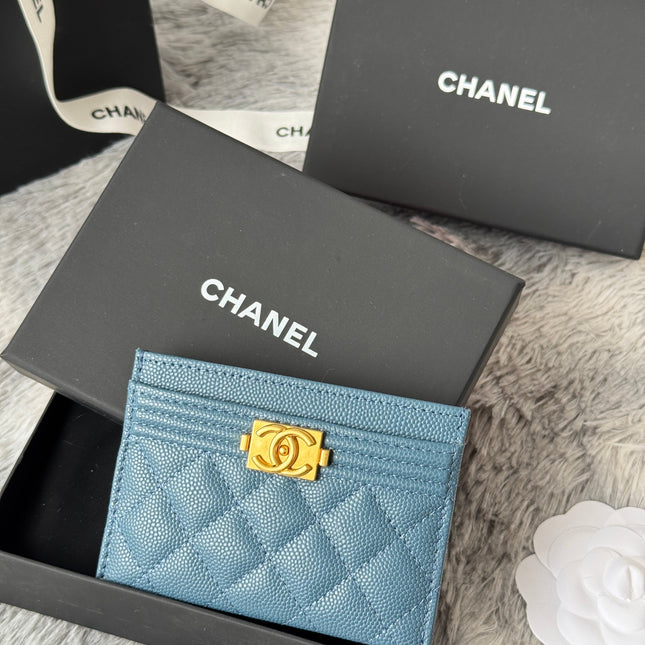 LEBOY CARD HOLDER 11 IN NEPAL BLUE GRAINED CALFSKIN GOLD-TONE HARDWARE