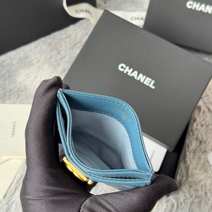 LEBOY CARD HOLDER 11 IN NEPAL BLUE GRAINED CALFSKIN GOLD-TONE HARDWARE