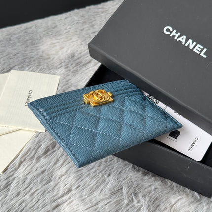 LEBOY CARD HOLDER 11 IN NEPAL BLUE GRAINED CALFSKIN GOLD-TONE HARDWARE