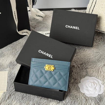 LEBOY CARD HOLDER 11 IN NEPAL BLUE GRAINED CALFSKIN GOLD-TONE HARDWARE