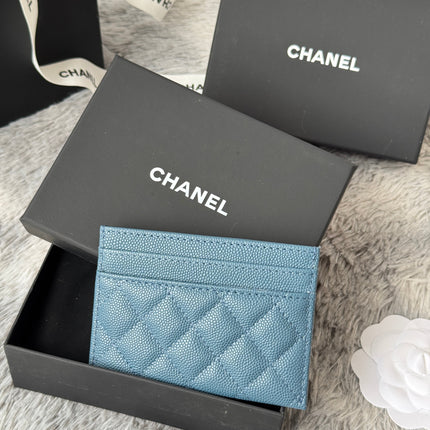 LEBOY CARD HOLDER 11 IN NEPAL BLUE GRAINED CALFSKIN GOLD-TONE HARDWARE