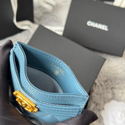 LEBOY CARD HOLDER 11 IN NEPAL BLUE GRAINED CALFSKIN GOLD-TONE HARDWARE