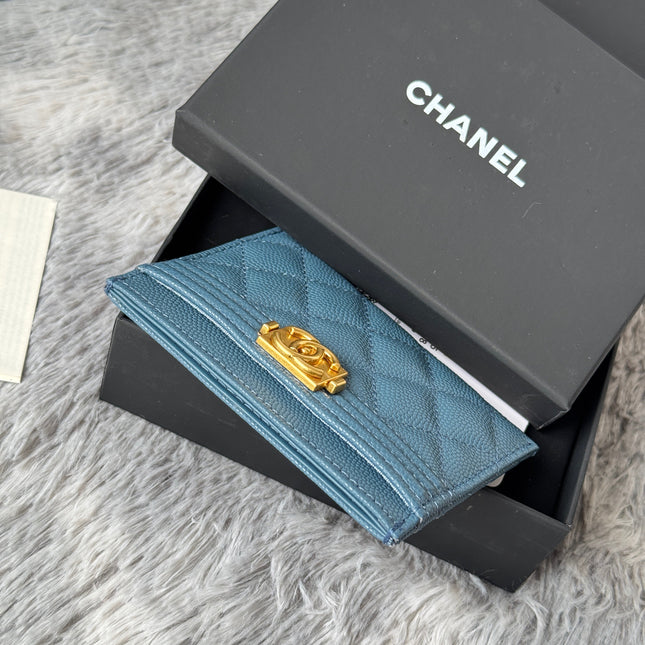 LEBOY CARD HOLDER 11 IN NEPAL BLUE GRAINED CALFSKIN GOLD-TONE HARDWARE