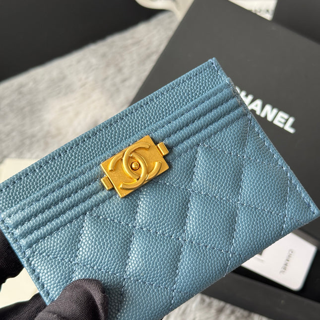 LEBOY CARD HOLDER 11 IN NEPAL BLUE GRAINED CALFSKIN GOLD-TONE HARDWARE