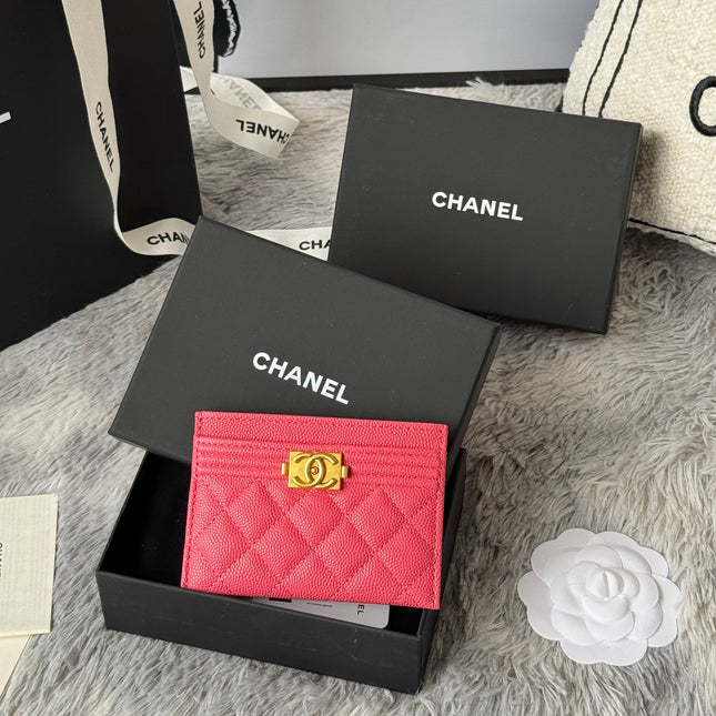 LEBOY CARD HOLDER 11 IN MANDY PINK GRAINED CALFSKIN GOLD-TONE HARDWARE