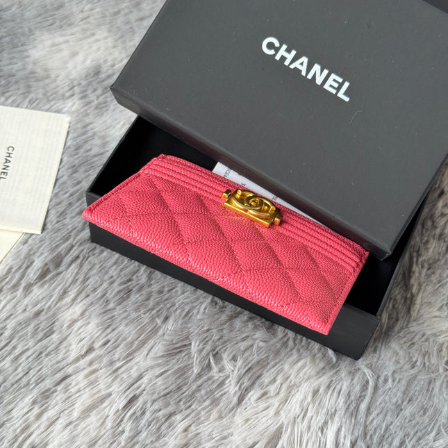 LEBOY CARD HOLDER 11 IN MANDY PINK GRAINED CALFSKIN GOLD-TONE HARDWARE