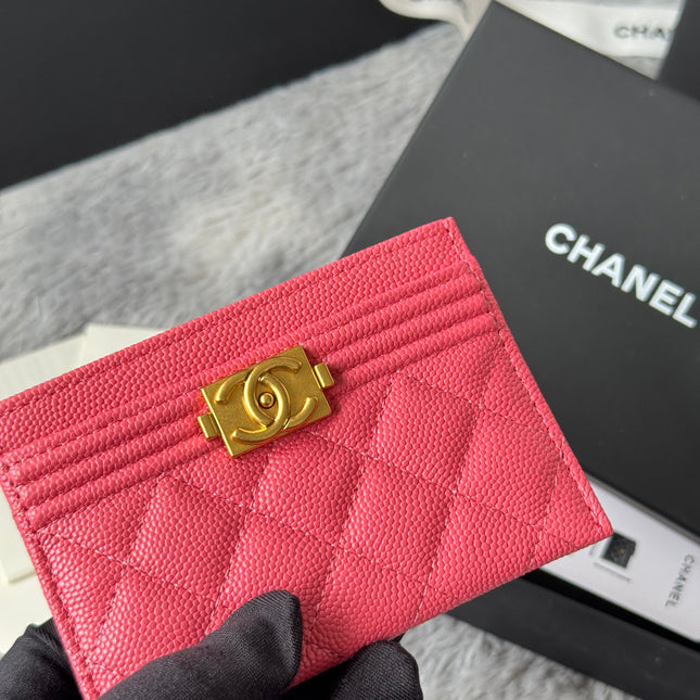 LEBOY CARD HOLDER 11 IN MANDY PINK GRAINED CALFSKIN GOLD-TONE HARDWARE