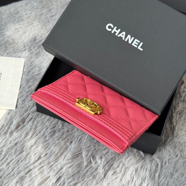 LEBOY CARD HOLDER 11 IN MANDY PINK GRAINED CALFSKIN GOLD-TONE HARDWARE