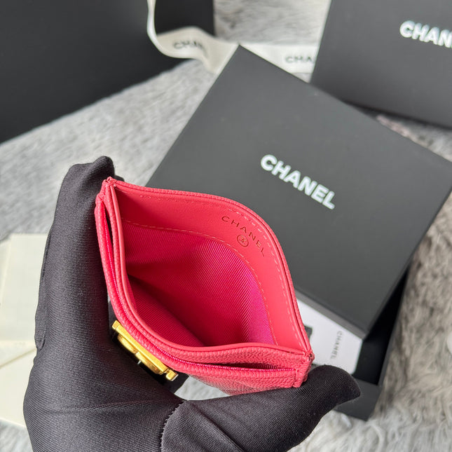 LEBOY CARD HOLDER 11 IN MANDY PINK GRAINED CALFSKIN GOLD-TONE HARDWARE