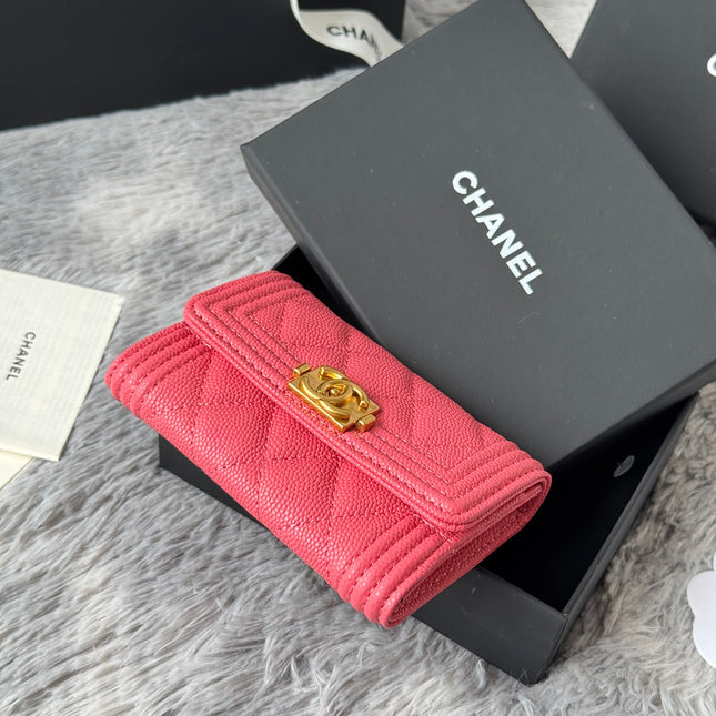 LEBOY WALLET 11 IN MANDY PINK GRAINED CALFSKIN GOLD-TONE HARDWARE