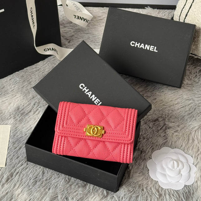 LEBOY WALLET 11 IN MANDY PINK GRAINED CALFSKIN GOLD-TONE HARDWARE