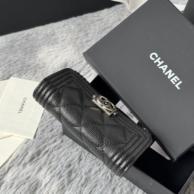 LEBOY WALLET 11 IN BLACK GRAINED CALFSKIN SILVER-TONE HARDWARE