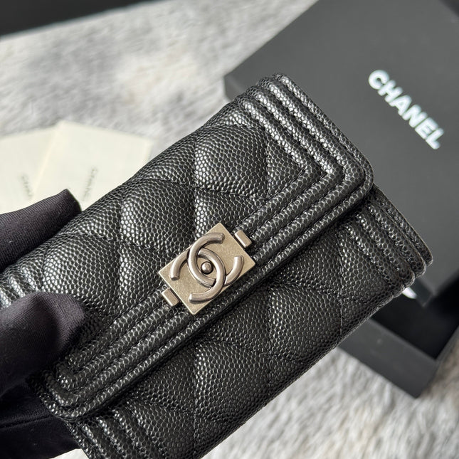 LEBOY WALLET 11 IN BLACK GRAINED CALFSKIN SILVER-TONE HARDWARE