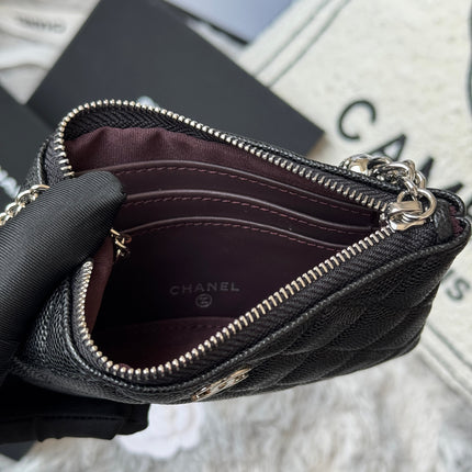 CC CLASSIC ZIPPED POUCH 14 IN BLACK GRAINED CALFSKIN SILVER-TONE CHARM CHAIN