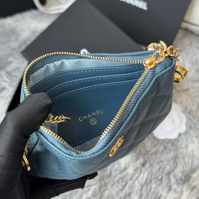 CC CLASSIC ZIPPED POUCH 14 IN NEPAL BLUE GRAINED CALFSKIN GOLD-TONE CHARM CHAIN