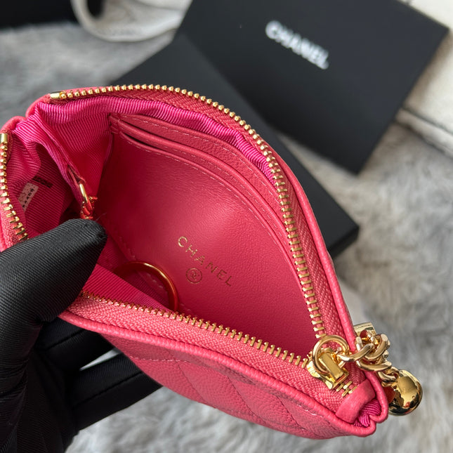 CC CLASSIC ZIPPED POUCH 14 IN CHESTNUT ROSE PINK GRAINED CALFSKIN GOLD-TONE CHARM CHAIN