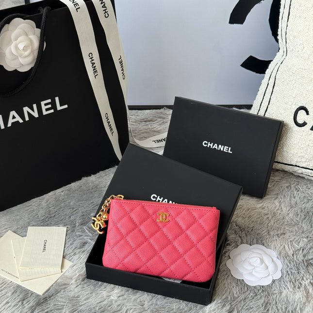 CC CLASSIC ZIPPED POUCH 14 IN CHESTNUT ROSE PINK GRAINED CALFSKIN GOLD-TONE CHARM CHAIN