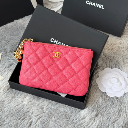 CC CLASSIC ZIPPED POUCH 14 IN CHESTNUT ROSE PINK GRAINED CALFSKIN GOLD-TONE CHARM CHAIN