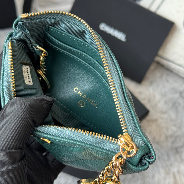 CC CLASSIC ZIPPED POUCH 14 IN NEPTUNE GREEN GRAINED CALFSKIN GOLD-TONE CHARM CHAIN