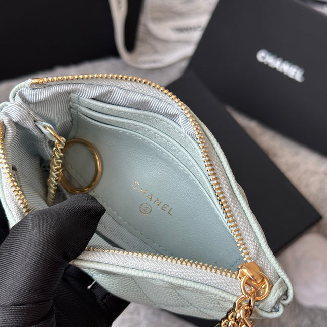 CC CLASSIC ZIPPED POUCH 14 IN MYSTIC GREEN GRAINED CALFSKIN GOLD-TONE CHARM CHAIN