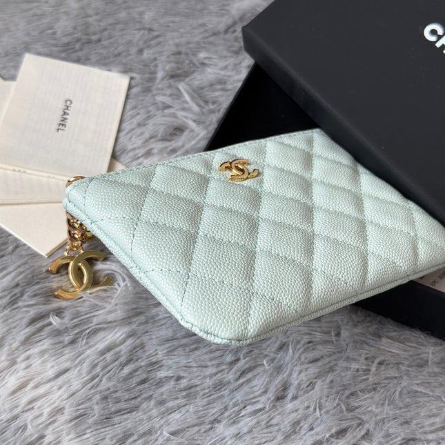 CC CLASSIC ZIPPED POUCH 14 IN MYSTIC GREEN GRAINED CALFSKIN GOLD-TONE CHARM CHAIN