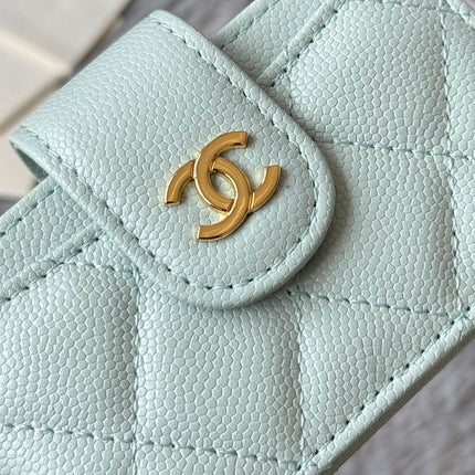 CARD HOLDER 10 CIRCLE CLASP IN BABY GREEN CAVIAR LEATHER GOLD-TONE METALLIC