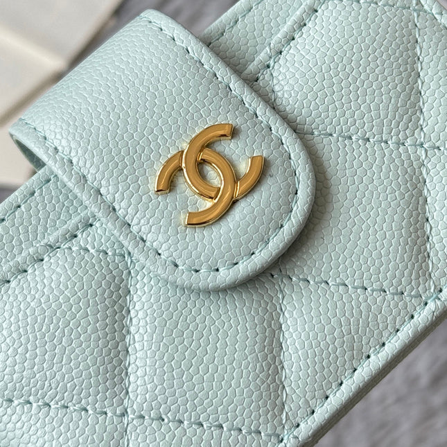 CARD HOLDER 10 CIRCLE CLASP IN BABY GREEN CAVIAR LEATHER GOLD-TONE METALLIC