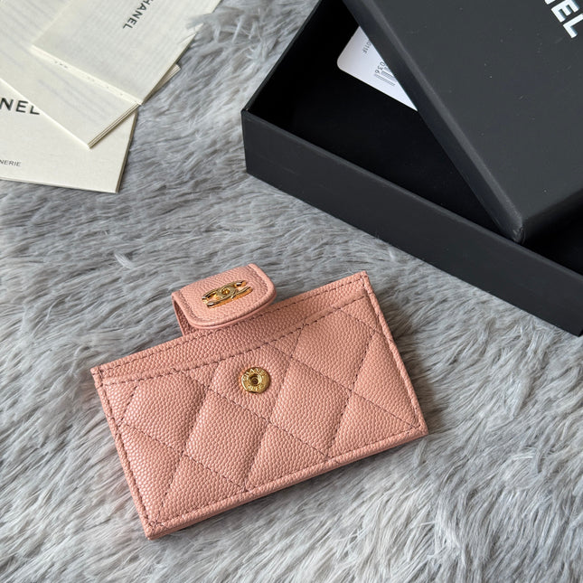 CARD HOLDER 10 CIRCLE CLASP IN TONYS PINK CAVIAR LEATHER GOLD-TONE METALLIC