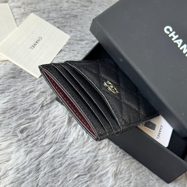 CLASSIC VERTICAL CARD HOLDER 14 IN BLACK GRAINED CALFSKIN SILVER-TONE METALLIC