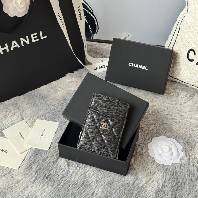 CLASSIC VERTICAL CARD HOLDER 14 IN BLACK GRAINED CALFSKIN SILVER-TONE METALLIC