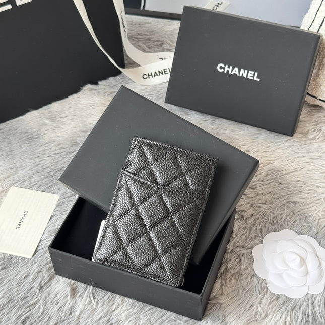 CLASSIC VERTICAL CARD HOLDER 14 IN BLACK GRAINED CALFSKIN SILVER-TONE METALLIC