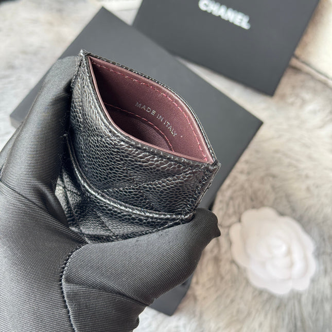 CLASSIC VERTICAL CARD HOLDER 14 IN BLACK GRAINED CALFSKIN SILVER-TONE METALLIC