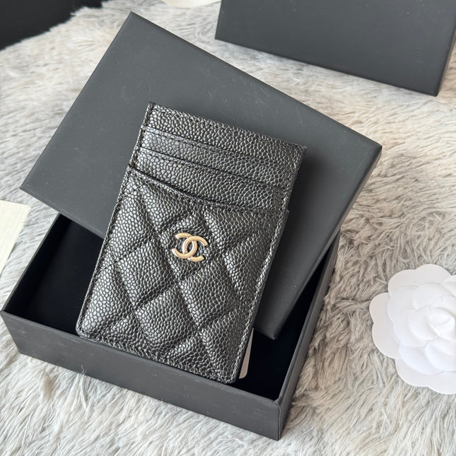 CLASSIC VERTICAL CARD HOLDER 14 IN BLACK GRAINED CALFSKIN SILVER-TONE METALLIC