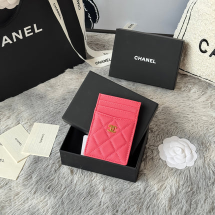 CLASSIC VERTICAL CARD HOLDER 14 IN MANDY PINK GRAINED CALFSKIN GOLD-TONE METALLIC