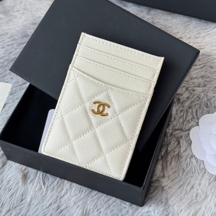 CLASSIC VERTICAL CARD HOLDER 14 IN WHITE GRAINED CALFSKIN GOLD-TONE METALLIC