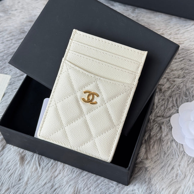 CLASSIC VERTICAL CARD HOLDER 14 IN WHITE GRAINED CALFSKIN GOLD-TONE METALLIC