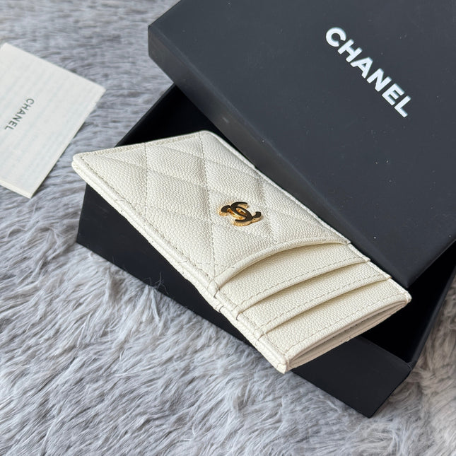 CLASSIC VERTICAL CARD HOLDER 14 IN WHITE GRAINED CALFSKIN GOLD-TONE METALLIC