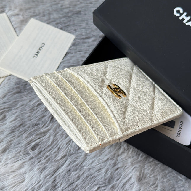 CLASSIC VERTICAL CARD HOLDER 14 IN WHITE GRAINED CALFSKIN GOLD-TONE METALLIC