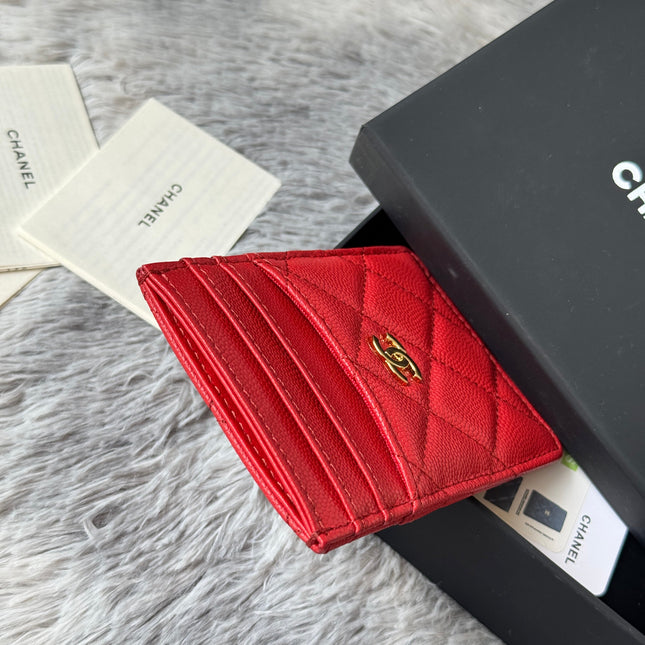 CLASSIC VERTICAL CARD HOLDER 14 IN RED GRAINED CALFSKIN GOLD-TONE METALLIC